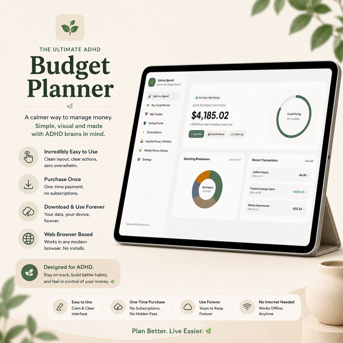 Ultimate ADHD Budget Tracker | Neurodivergent-Friendly All-in-One Finance Dashboard, Safe-to-Spend Planner & Impulse Control System