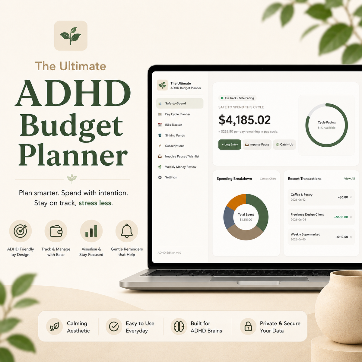 Ultimate ADHD Budget Tracker | Neurodivergent-Friendly All-in-One Finance Dashboard, Safe-to-Spend Planner & Impulse Control System
