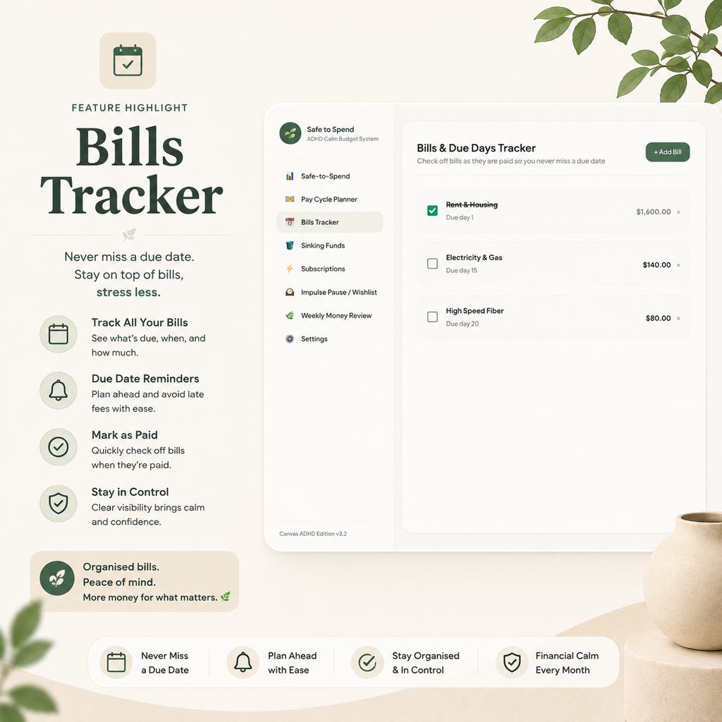 Ultimate ADHD Budget Tracker | Neurodivergent-Friendly All-in-One Finance Dashboard, Safe-to-Spend Planner & Impulse Control System