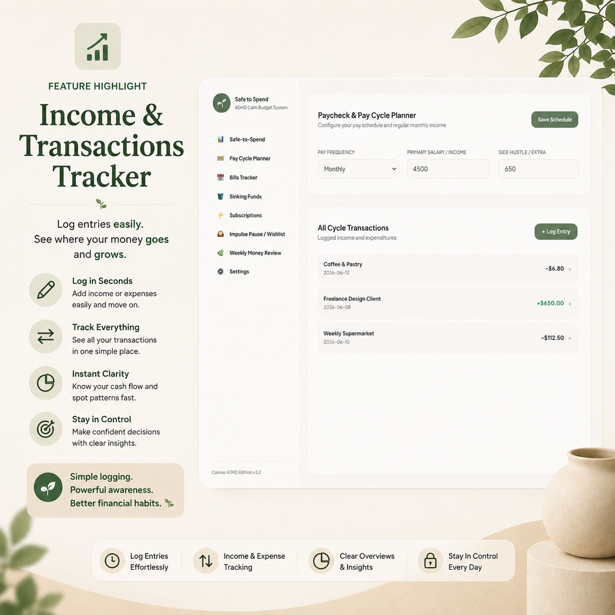 Ultimate ADHD Budget Tracker | Neurodivergent-Friendly All-in-One Finance Dashboard, Safe-to-Spend Planner & Impulse Control System