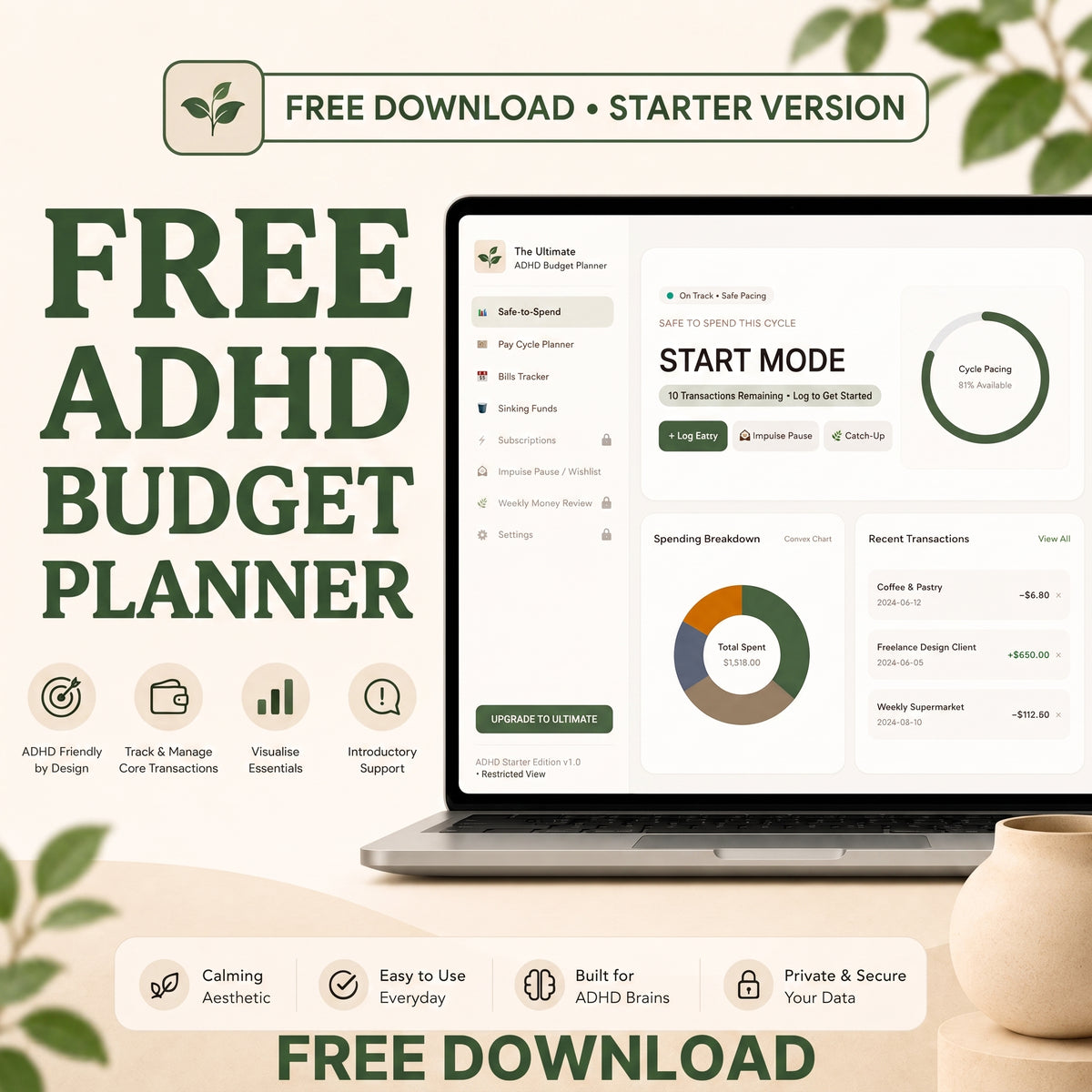 FREE ADHD Budget Tracker | Safe-to-Spend Starter Template | Calm & Simple Money Tracker for Neurodivergents