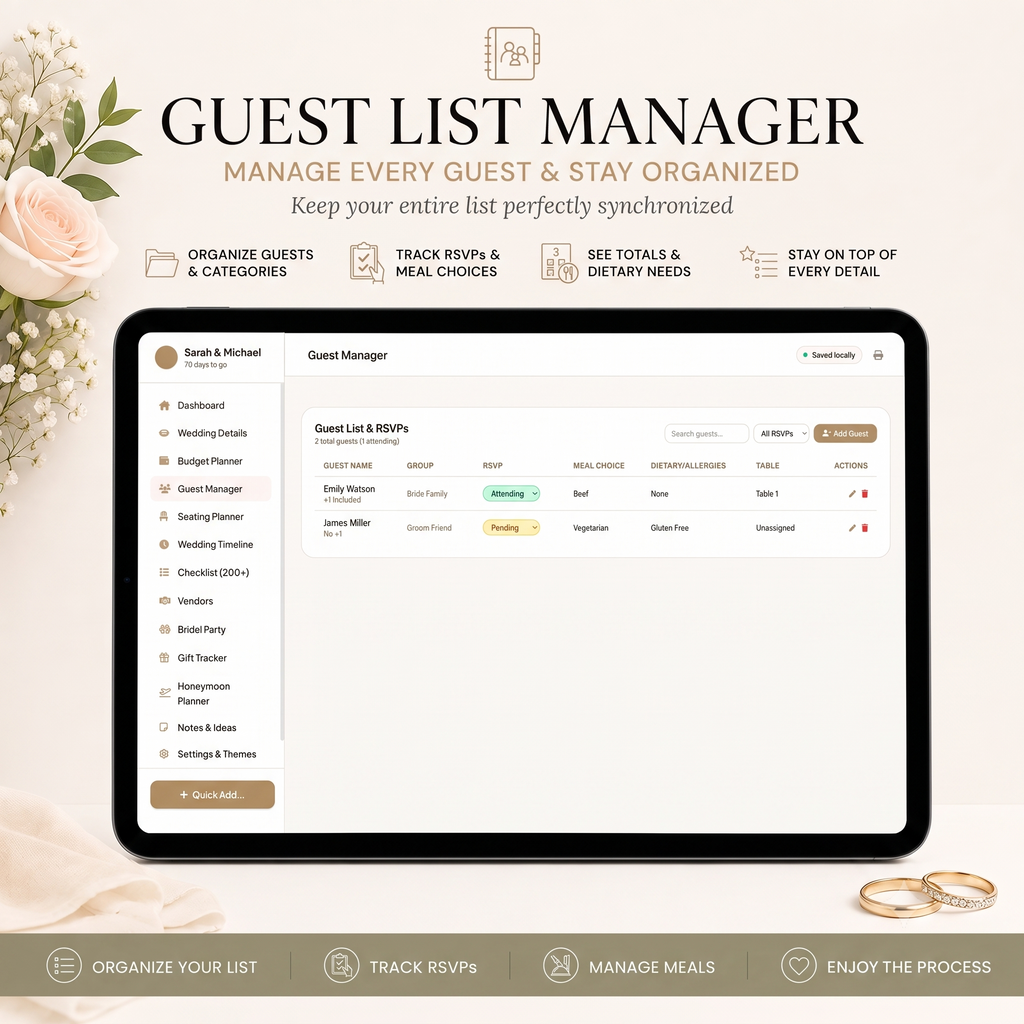 All in One Wedding Planner - Budget Tracker, RSVP Guest List Tracker