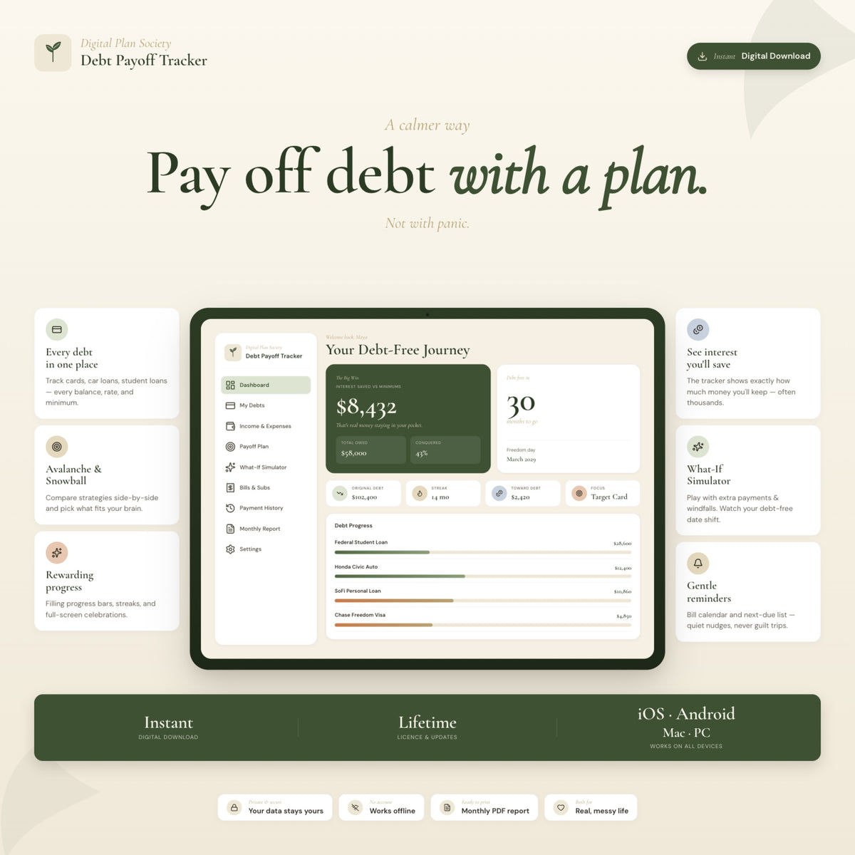Debt Payoff Tracker Dashboard | Interactive HTML Budget Dashboard, Debt Snowball & Avalanche Planner