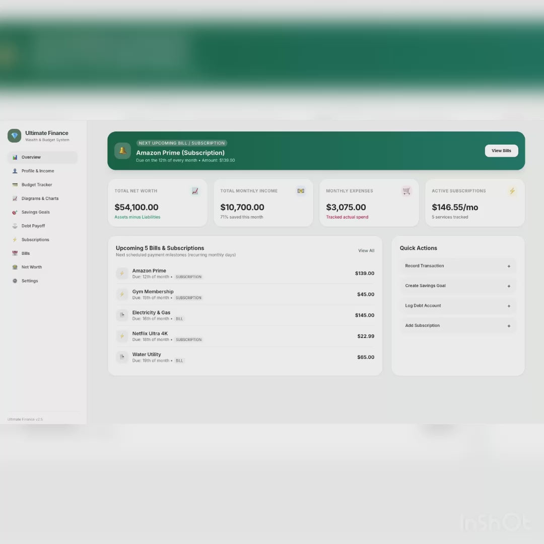 Ultimate Finance Dashboard | All-in-One Digital Budget Planner, Expense Tracker, Net Worth & Bill Manager HTML App