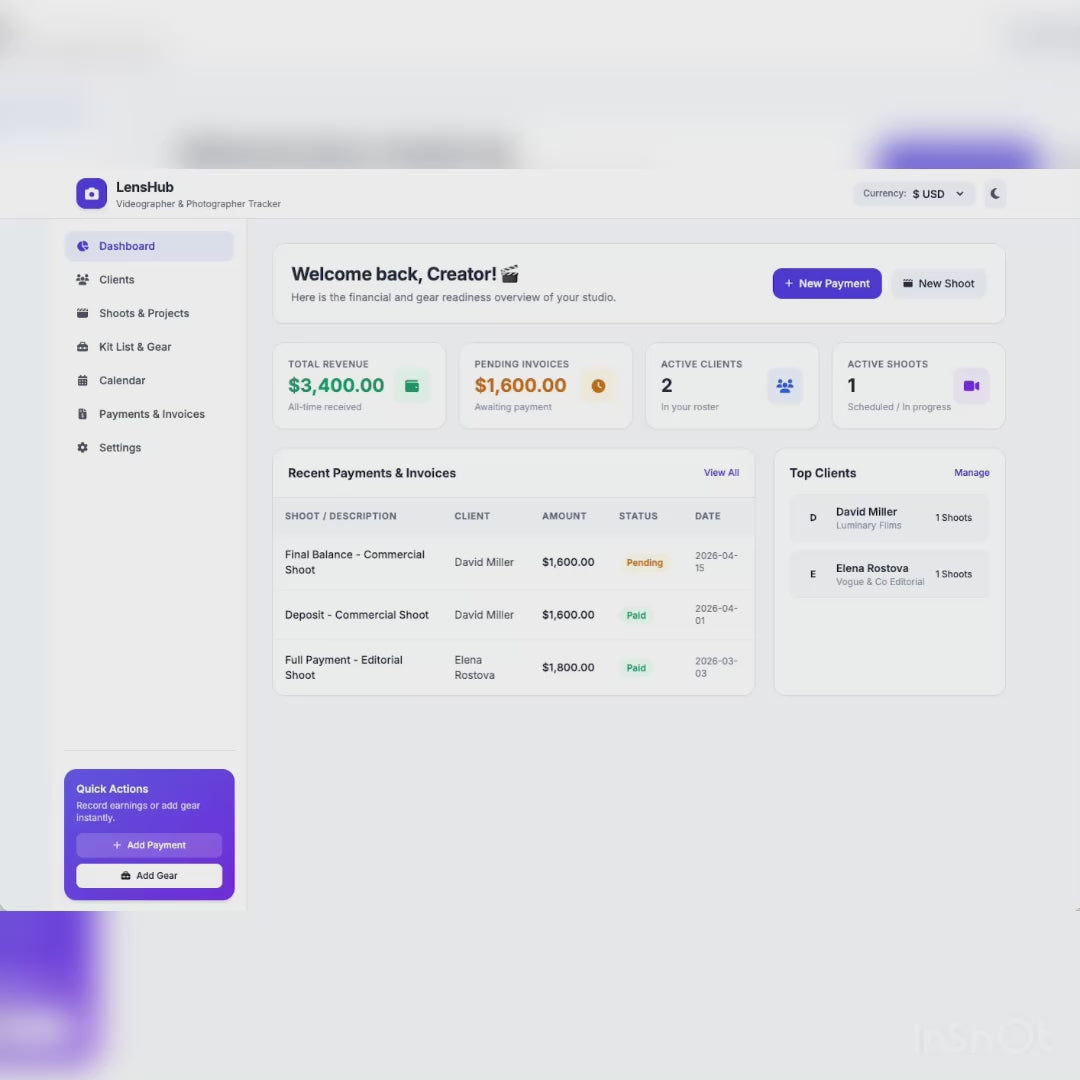 Freelance Photographer & Videographer Tracker - Finance App