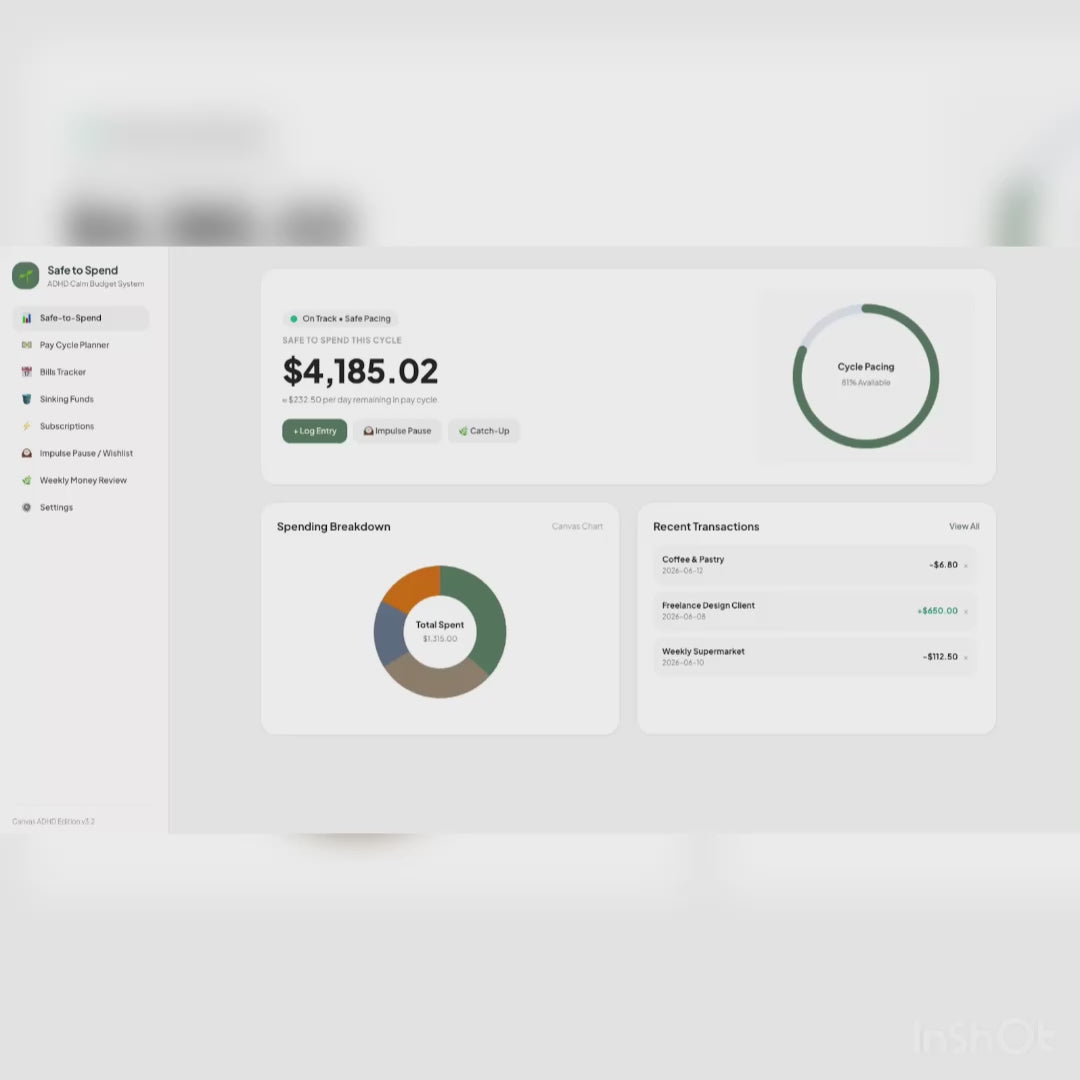 Ultimate ADHD Budget Tracker | Neurodivergent-Friendly All-in-One Finance Dashboard, Safe-to-Spend Planner & Impulse Control System